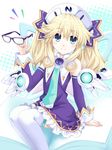  blonde_hair blue_eyes book eyewear_removed glasses hair_ornament hat highres histoire kagura_ittou long_hair looking_at_viewer neptune_(series) smile solo twintails wings 