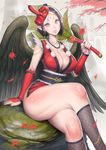  arm_support autumn_leaves black_hair breasts cleavage collarbone crossed_legs hata_(pixiv4102938) head_tilt highres jewelry large_breasts lips looking_at_viewer mask monster_girl necklace original pointy_ears short_hair sitting solo tengu tengu_mask thick_thighs thighs 