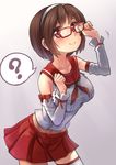  ? adjusting_eyewear bespectacled blush brown_eyes brown_hair delta_monster detached_sleeves glasses hairband kantai_collection natori_(kantai_collection) pleated_skirt red-framed_eyewear school_uniform serafuku short_hair skirt smile solo spoken_question_mark thighhighs white_hairband 