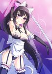  animal_ears apron armpits bare_shoulders black_gloves black_hair bow breasts cat_ears detached_collar elbow_gloves garter_straps gloves hair_bow hand_behind_head highres katana large_breasts light_smile long_hair looking_at_viewer noihara_himari omamori_himari outstretched_arm ponytail purple_eyes solo sword thighhighs very_long_hair waist_apron weapon yokura_(yukilina) 