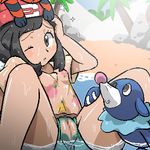  1girl bloggerman brionne censored female_protagonist_(pokemon_sm) mosaic_censoring nintendo one_eye_closed outdoors plant pokemon pokemon_(game) pokemon_sm pussy shirt tongue tongue_out tree water wet 