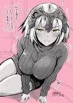  2016 blush breasts fate/grand_order fate_(series) helmet jeanne_d'arc_(alter)_(fate) jeanne_d'arc_(fate)_(all) kojima_saya large_breasts looking_at_viewer monochrome solo sweatdrop sweater translation_request yellow_eyes 
