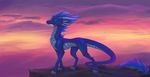  blue_hair blue_scales claws day detailed_background dragon feral green_eyes hair horn male nude oksara outside scales sky solo standing tail_fluff 