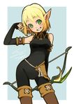  arm_behind_back arm_up armpits blonde_hair blush bodysuit boots bow_(weapon) breasts cra elbow_gloves evangelyne fingerless_gloves freckles gloves green_eyes grin groin io_naomichi medium_breasts pointy_ears short_hair smile solo thigh_boots thighhighs wakfu weapon 