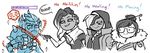  3girls ana_(overwatch) asymmetrical_hair braid crying eyeshadow facial_tattoo frown frozen fur_collar gameplay_mechanics glasses hair_bun high_collar hood junkrat_(overwatch) kadabura makeup mei_(overwatch) mole mole_under_mouth monochrome multicolored_hair multiple_girls overwatch smile sombra_(overwatch) spiked_hair tattoo tears two-tone_hair 