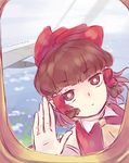  against_glass aircraft airplane ascot bangs blunt_bangs bow bright_pupils closed_mouth day expressionless eyebrows eyebrows_visible_through_hair hair_bow hair_tubes hakurei_reimu highres looking_at_viewer ocean outdoors palms red_bow sketch solo textless touhou upper_body white_pupils window yoruny 