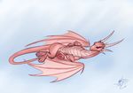  claws dragon eyelashes female feral gradient_background horn lying membranous_wings oksara pink_skin red_eyes scalie simple_background smile solo wings 