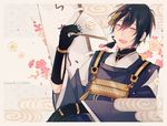  ^_^ black_gloves black_hair closed_eyes egasumi fan flag flower folding_fan gloves japanese_clothes male_focus mikazuki_munechika open_mouth sayagata seigaiha smile solo touken_ranbu yori_(y_rsy) 