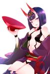  alcohol black_panties breasts cup daba_san fang fate/grand_order fate_(series) highres holding holding_cup horns japanese_clothes looking_at_viewer navel oni oni_horns open_mouth panties purple_eyes purple_hair sakazuki sash short_hair shuten_douji_(fate/grand_order) simple_background small_breasts smile solo thighhighs underwear white_background 