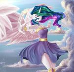  2016 anthro anthrofied breasts clothed clothing cloud detailed_background dress equine eyes_closed feathered_wings feathers female friendship_is_magic hair horn long_hair mammal multicolored_hair my_little_pony outside princess_celestia_(mlp) smile solo spread_wings white_feathers winged_unicorn wings zefirayn 