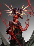 alternate_costume black_hair blood blood_splatter bodysuit breasts dark_persona demon_horns demon_tail devil_mercy facial_mark finger_to_mouth forehead_mark full_body gloves glowing gradient gradient_background grey_background highres horns iceky light_smile lips looking_at_viewer mechanical_wings mercy_(overwatch) nose orange_wings overwatch pantyhose ponytail purple_eyes sitting small_breasts solo spread_wings tail torn_bodysuit torn_clothes torn_legwear wings 