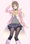  :d absurdres ahoge aikawa_miyuu black_legwear blue_skirt blush boots brown_eyes brown_hair cardigan coat commentary_request highres jacket looking_at_viewer md5_mismatch mikazuchi_zeus occultic;nine open_mouth pantyhose pleated_skirt skirt smile solo standing v 