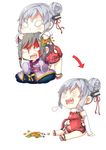  absurdres angry annoyed arm_support arrow asymmetrical_sleeves biting blood blood_on_face blush burp chain chibi china_dress chinese_clothes chomping dress eating flower full_body grey_hair hair_bun hair_flower hair_ornament hand_on_another's_head highres japanese_clothes kaga_(zhan_jian_shao_nyu) kelang kimono long_sleeves multiple_girls multiple_views open_mouth ping_hai_(zhan_jian_shao_nyu) red_dress red_footwear shoes silver_hair simple_background sitting teeth vore white_background wide_sleeves zhan_jian_shao_nyu 