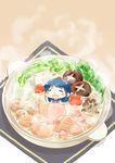  :d =_= blue_hair bowl chibi closed_eyes food garlic hinata_yuu in_container in_food in_pot kantai_collection meat minigirl mushroom neckerchief open_mouth partially_submerged pot sailor_collar samidare_(kantai_collection) sleeveless smile solo steam sukiyaki tofu vegetable 