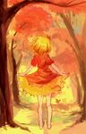  aki_shizuha autumn autumn_leaves barefoot blonde_hair dress from_behind ground hair_ornament impressionism motsuni_(artist) outdoors puffy_short_sleeves puffy_sleeves short_hair short_sleeves skirt_hold solo standing touhou tree 