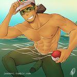  1boy bara beach erection facial_hair glasses hat kukui_(pokemon) male_focus nude outdoors penis pokemon pokemon_(game) pokemon_sm sitting smile solo 