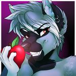  anthro apple canine fangs female food fruit fur hair jackiejackal looking_at_viewer mammal nude smile solo teeth 