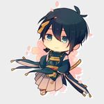  black_gloves blue_eyes blue_hair cherry_blossoms chibi gloves hakama japanese_clothes katana male_focus mikazuki_munechika petals sandals sheath sheathed sitting smile solo sword tabi touken_ranbu weapon yori_(y_rsy) 