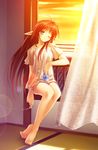  barefoot bra_strap cigarette curtains elf feet indoors long_hair na-ga one_eye_closed orange_sky original pointy_ears shirt sky smoking solo t-shirt window 