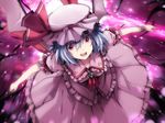  6u_(eternal_land) bad_id bad_pixiv_id bat_wings blue_hair from_above hat holding open_mouth red_eyes remilia_scarlet short_hair smile solo spear_the_gungnir touhou wings 