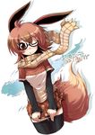  ahoge animal_ears black_legwear blush brown_eyes brown_hair checkered costume eevee gen_1_pokemon glasses kurono_tokage miniskirt one_eye_closed personification pokemon scarf short_hair simple_background skirt solo tail thighhighs white_background zettai_ryouiki 