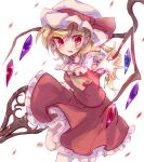  1girl ascot bangs blonde_hair blush bow crystal eyebrows_visible_through_hair flandre_scarlet frilled_shirt frilled_shirt_collar frilled_skirt frilled_sleeves frills hat hat_ribbon laevatein_(touhou) medium_hair mob_cap one_side_up outstretched_arm outstretched_hand pointy_ears puffy_short_sleeves puffy_sleeves red_bow red_eyes red_ribbon red_skirt red_vest ribbon shirt short_sleeves skirt solo sorani_(kaeru0768) touhou vest white_background white_shirt wings yellow_ascot 