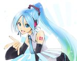  \m/ alternate_hairstyle aqua_eyes aqua_hair detached_sleeves hatsune_miku headphones headset long_hair necktie poaro ponytail smile solo vocaloid wallpaper 