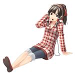  black_eyes black_hair bow casual collarbone contemporary denim flannel frilled_hair_tubes full_body hair_bow hair_tubes hakurei_reimu headphones itsutsu jeans long_sleeves open_mouth pants plaid plaid_shirt red_bow red_footwear shirt short_hair simple_background solo touhou white_background 