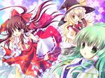  blonde_hair bow brown_hair detached_sleeves frog gohei green_eyes green_hair hair_ornament hair_ribbon hakurei_reimu hat kirisame_marisa kochiya_sanae long_hair multiple_girls ofuda ribbon shirogane_hina snake touhou undefined_fantastic_object witch_hat yellow_eyes 