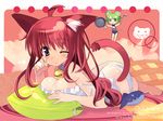  ahoge animal_ears barefoot blue_eyes blush blush_stickers breast_press breasts camisole cat_ears cleavage collar copyright_name eyebrows_visible_through_hair gagraphic holding ladle large_breasts long_hair lying minigirl multiple_girls one_eye_closed panties pillow red_hair sikorsky sleepy spatula strap_slip tail tears underwear wallpaper watermark web_address wince wiping_tears 