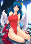  angel angel_wings athena_(series) blue_eyes blue_hair blush blushing elbow_gloves gloves hairband highres king_of_fighters long_hair princess_athena ribbon sitting snk swimsuit water wings 