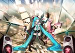  aqua_eyes aqua_hair bad_id bad_pixiv_id blonde_hair blue_eyes cable detached_sleeves hatsune_miku headset highres kagamine_rin kio_sayuki legs long_hair megurine_luka microphone microphone_stand multiple_girls necktie pink_hair skirt speaker thighhighs twintails very_long_hair vocaloid 