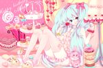  apple aqua_hair bad_id bad_pixiv_id blue_eyes cake candy doughnut food fork fruit hatsune_miku heart holding holding_fork kajiami lamp lollipop long_hair lots_of_laugh_(vocaloid) macaron pastry sitting smile solo strawberry stuffed_animal stuffed_toy swirl_lollipop thighhighs tiered_tray twintails very_long_hair vocaloid 