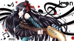  akiyama_mio bad_id bad_pixiv_id bass_guitar black_hair blue_eyes don't_say_&quot;lazy&quot; dress fingerless_gloves gloves hat highres instrument k-on! long_hair microphone microphone_stand mikan_(5555) mini_hat mini_top_hat solo striped thighhighs top_hat 