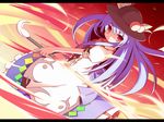  blue_hair food fruit hat highres hinanawi_tenshi holding long_hair miko_machi peach red_eyes solo sword sword_of_hisou touhou weapon 