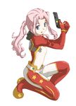  artist_request blue_eyes bodysuit darry_adai finger_on_trigger gun handgun holding holding_gun holding_weapon long_hair one_knee open_mouth pink_hair pistol ponytail red_bodysuit solo tengen_toppa_gurren_lagann weapon white_bodysuit 