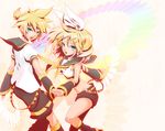  1girl aqua_eyes bad_id bad_pixiv_id blonde_hair brother_and_sister hair_ornament hair_ribbon hairclip holding_hands kagamine_len kagamine_rin midriff plastick ribbon short_hair shorts siblings twins vocaloid 