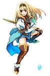  alicia_(valkyrie_profile_2) blonde_hair blue_eyes boots fighting_stance hairband long_hair long_sleeves oshare_kyoushitsu overskirt princess puffy_sleeves ready_to_draw sheath sheathed skirt solo sword thigh_boots thighhighs valkyrie_profile valkyrie_profile_2 weapon zettai_ryouiki 