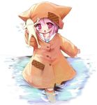  animal_hat artist_request boots child copyright_request frog hat pink_eyes pink_hair puddle raincoat school_uniform solo 