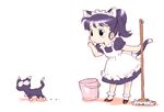  apron black_eyes broom cat cat_ears dress maid maid_apron nekomimi pony_tail ponytail purple_hair uniform 