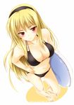  artist_name barefoot bikini blonde_hair blush breasts foreshortening from_above hairband hand_on_hip highres hime_(kaibutsu_oujo) innertube kaibutsu_oujo large_breasts long_hair multi-strapped_bikini oppai_kenmin perspective red_eyes slit_pupils solo swimsuit 