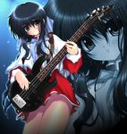  bangs bass_guitar black_hair blue_eyes blush bow capelet hair_bow instrument kanon kawasumi_mai long_hair looking_at_viewer odagiri_sakura red_skirt school_uniform skirt solo standing zoom_layer 