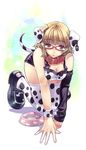  all_fours animal_ears animal_print breast_squeeze breasts collar dalmatian dog_ears dog_print dog_tail ear_tag glasses hirano_katsuyuki large_breasts original solo tail thighhighs 