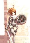  against_wall armor boots cover cover_page final_fantasy final_fantasy_xi gloves head_tilt hume orange_hair purple_eyes shield short_hair shorts solo standing standing_on_one_leg sword thigh_boots thighhighs ueda_ryou weapon 