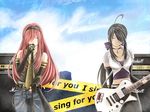  ahoge bad_id bad_pixiv_id belt breasts casual cleavage closed_eyes elbow_gloves english fingerless_gloves gloves guitar hair_over_one_eye highres i_sing_for_you_(vocaloid) instrument jewelry large_breasts long_hair megurine_luka microphone microphone_stand midriff mujun_(zipper) multiple_girls nail_polish necklace necktie pants pink_hair ponytail purple_nails red_nails silver_hair vocaloid voyakiloid yowane_haku 