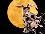  animal_ears black_legwear blonde_hair bow bunny_ears cradle_(artist) dutch_angle full_moon gothic_lolita hair_bow highres kuroya_shinobu leg_hug lolita_fashion long_hair moon night night_sky orange_eyes original sitting sky socks solo very_long_hair wallpaper 