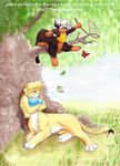  2002 arthropod black_fur blonde_hair breasts butterfly butterfly_net chakat chakat_tailstalker chakona_space cougar duo feline female fur goldfur hair insect mammal pink_nose ponygirl_(artist) taur tree white_hair yellow_fur 