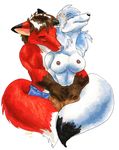  2001 anthro arctic_fox breasts brown_hair canine chakona_space clothed clothing eyes_closed fox fur hair kris_(goldfur) licking mammal nipples red_fur simple_background tongue tongue_out topless trina white_background white_fur 