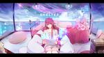  absurdres aoi_ogata bangs bean_bag_chair bed brown_eyes brown_hair commentary copyright_name head_tilt highres holographic_monitor letterboxed light_smile long_hair making_of pillow rin_(shelter) shelter_(music_video) sitting skirt solo tablet 
