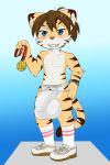  2018 balls big_balls big_bulge big_penis blue_eyes blush bulge clothing feline grin inubashiri jockstrap male mammal medal nipples penis smile solo sweat tiger underwear young 